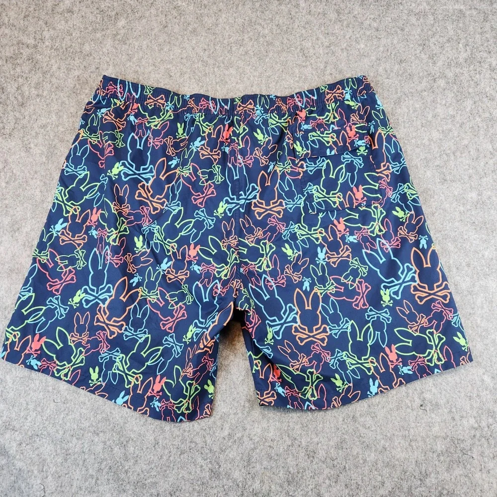 NEW Psycho Bunny Swim Trunks Men 3XL Blue Neon Bunny Print Mesh Lined Shorts